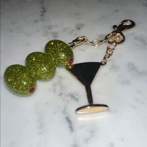 Martini bag charm with green sparkly olives